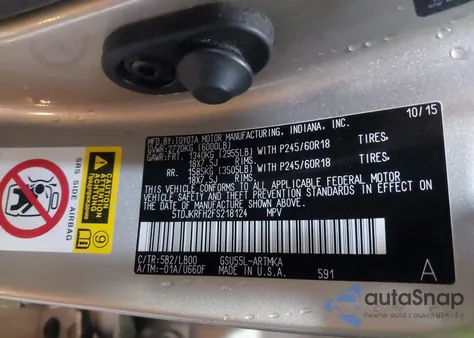 2015 Toyota Highlander Xle V6 z USA, uszkodzony, nr VIN 5TDJKRFH2FS218124